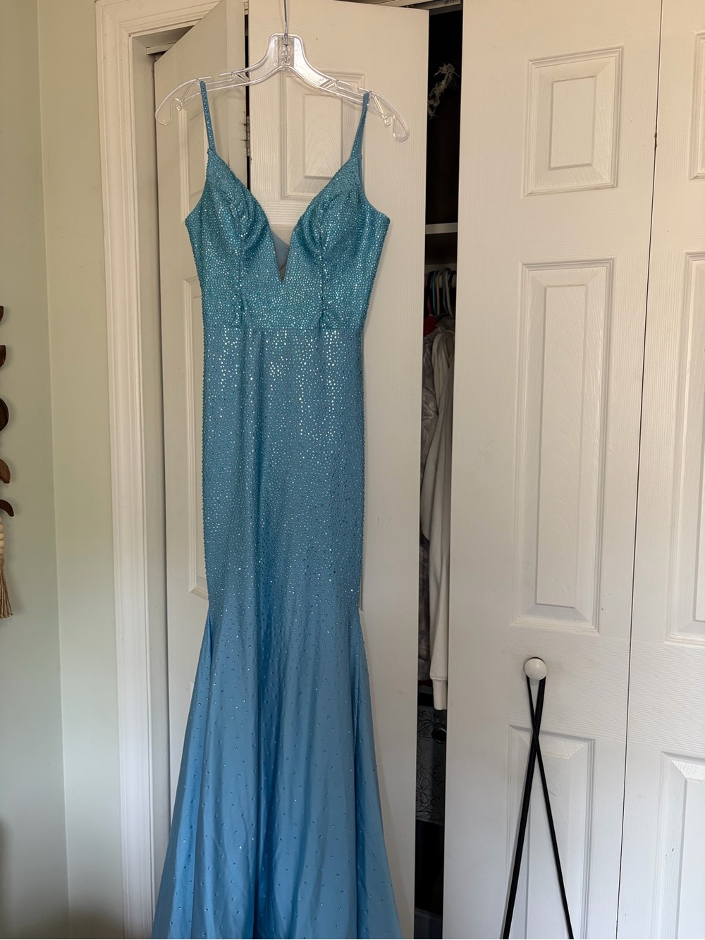 Sparkle Light Blue Ellie Wilde Mon Cheri Spaghetti-Strap Prom Dress